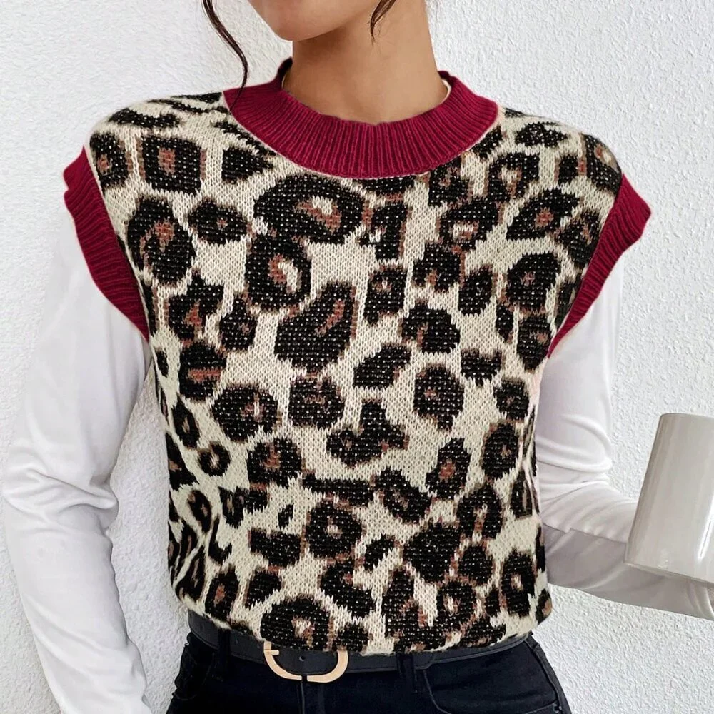 Multicolor Casual Women's Leopard Print Knit Sweater Vest